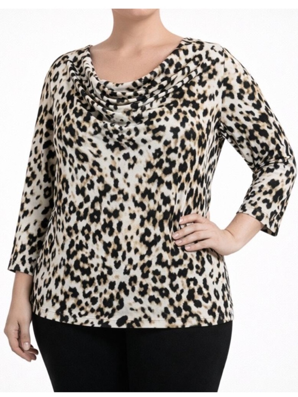 Women’s Leopard Print 3/4 Sleeve Top - Black, Brown & Cream Sz medium
